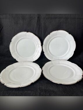 Saladmaster Estate Wedding Band 10" Dinner Plates Set of 4 White w/ Silver Band